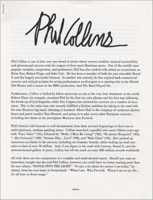 Phil Collins Dance Into The Light media press pack US COLPPDA87838