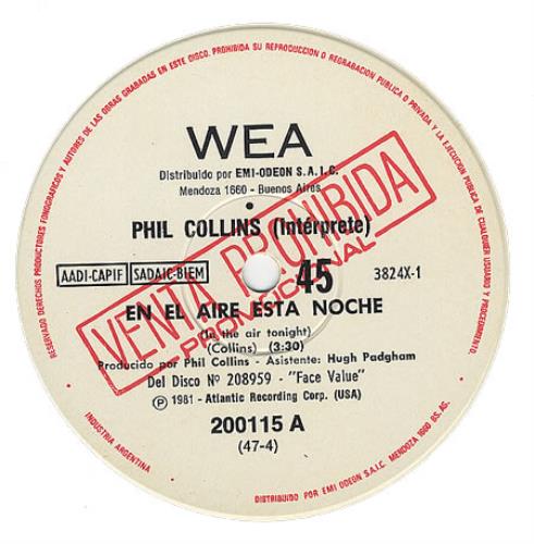 Phil Collins En El Aire Esta Noche - In The Air Tonight 7" vinyl single (7 inch record / 45) Argentinean COL07EN279461
