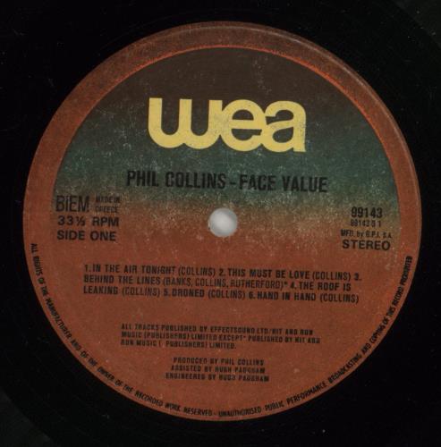 Phil Collins Face Value vinyl LP album (LP record) Greek COLLPFA874421