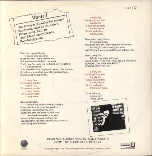 Phil Lynott Dear Miss Lonely Hearts 12" vinyl single (12 inch record / Maxi-single) UK LYN12DE56946