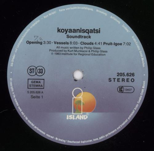 Philip Glass Koyaanisqatsi vinyl LP album (LP record) German PLGLPKO892534