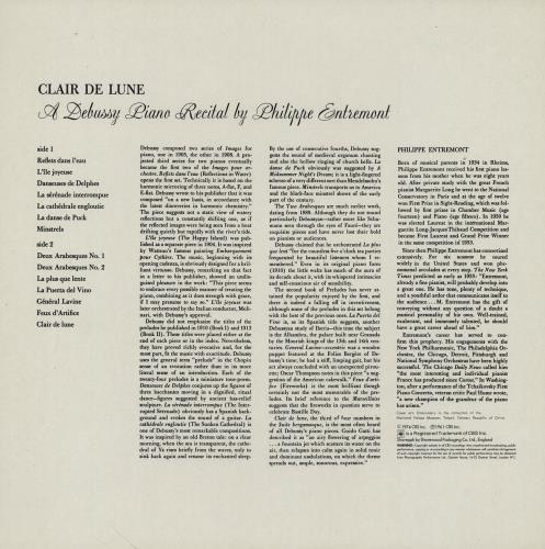 Philippe Entremont Clair De Lune: A Debussy Piano Recital vinyl LP album (LP record) UK QKJLPCL760271