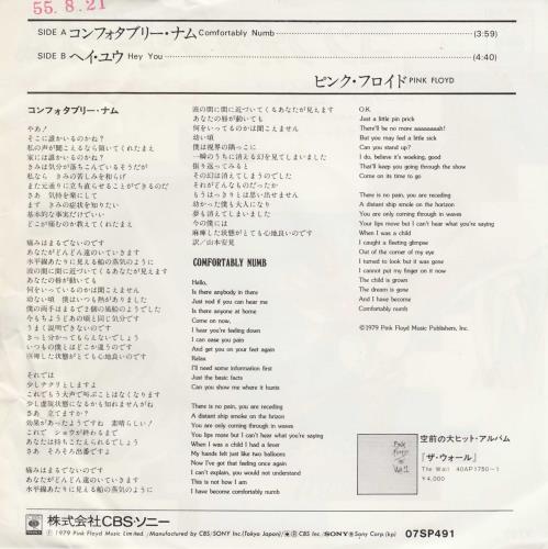 Pink Floyd Comfortably Numb 7" vinyl single (7 inch record / 45) Japanese PIN07CO402959
