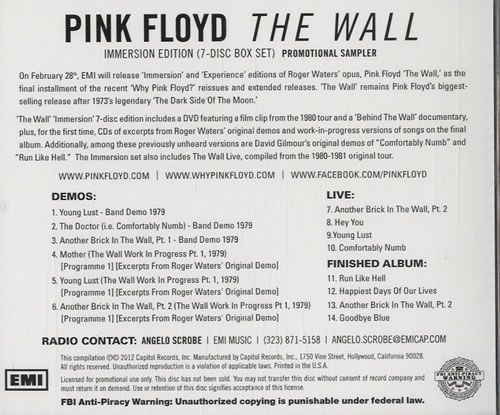 Pink Floyd The Wall - Emmersion Edition Sampler CD-R acetate US PINCRTH557824