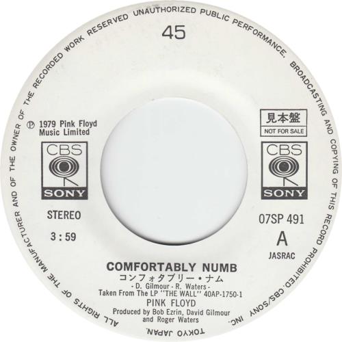 Pink Floyd Comfortably Numb Japanese Promo 7 Vinyl Single 7 Inch