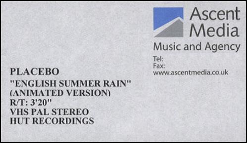 Placebo English Summer Rain video (VHS or PAL or NTSC) UK CEBVIEN282887