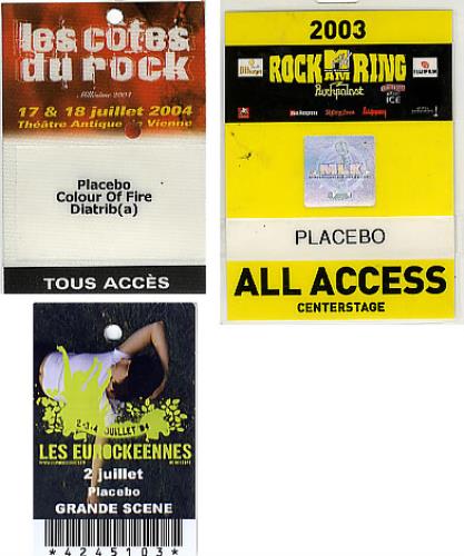 Placebo Set Of 5 Laminated Tour Passes (5) tour pass UK CEBTPSE347873