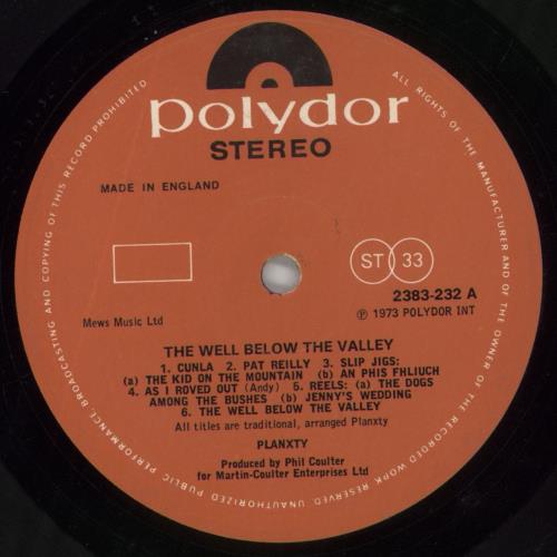 Planxty The Well Below The Valley vinyl LP album (LP record) UK XTYLPTH567653