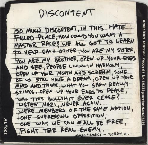 Poison Idea Discontent 7" vinyl single (7 inch record / 45) US PSN07DI869902