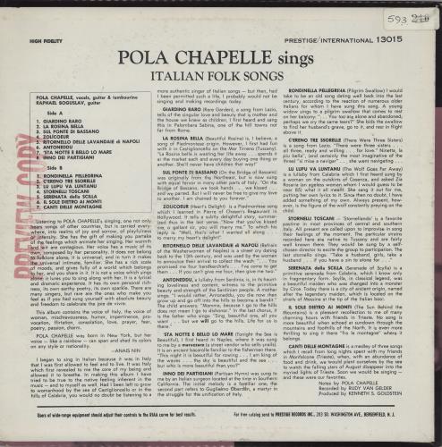 Pola Chapelle Sings Italian Folk Songs vinyl LP album (LP record) US 2W8LPSI762363