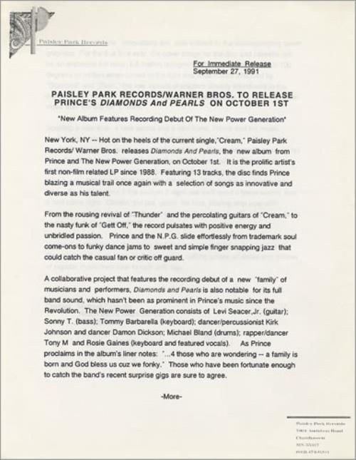 Prince Diamonds And Pearls media press pack US PRIPPDI191792