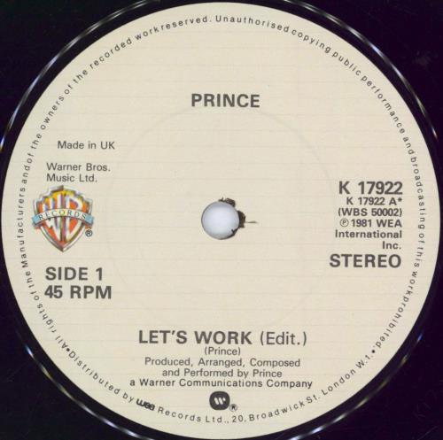Prince Let's Work 7" vinyl single (7 inch record / 45) UK PRI07LE02707