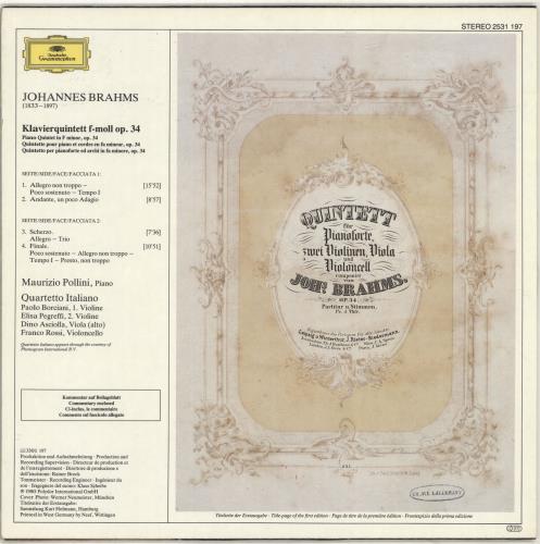 Quartetto Italiano Brahms: Klavierquintett Op. 34/ Piano Quintet vinyl LP album (LP record) German NQILPBR690669
