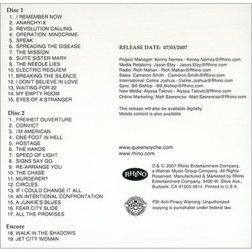 Queensryche Mindcrime At The Moore 2 CD album set (Double CD) US QRY2CMI416941