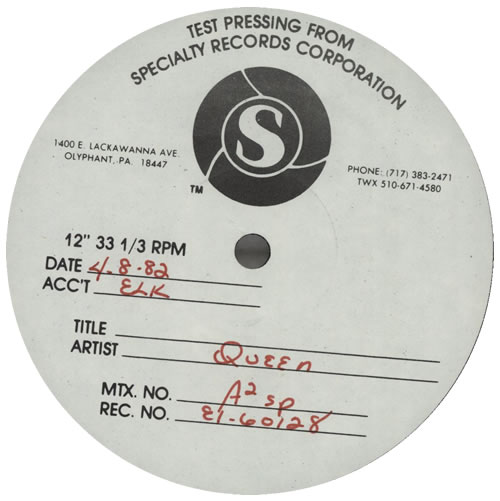 Queen Hot Space Specialty Records Corporation Test Pressing US Promo