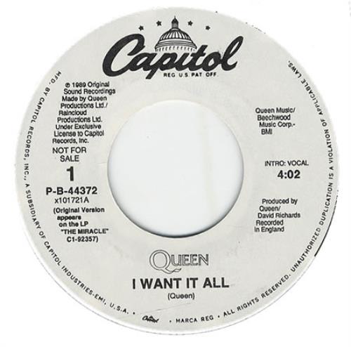 Queen I Want It All 7" vinyl single (7 inch record / 45) US QUE07IW18913