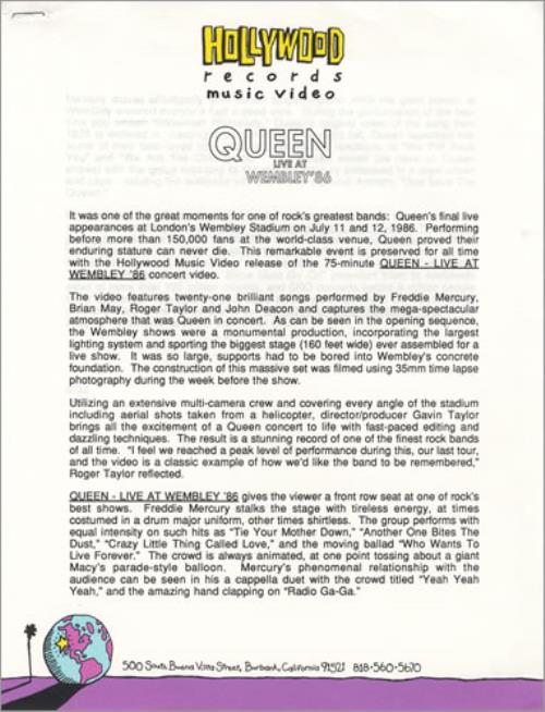 Queen Live At Wembley '86 media press pack US QUEPPLI20697