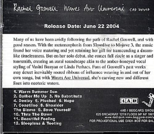 Rachel Goswell Waves Are Universal CD album (CDLP) US RE1CDWA293025