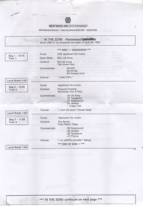Radiohead In The Zone CD-R acetate US R-HCRIN125309