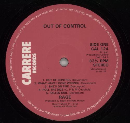 Rage Out Of Control vinyl LP album (LP record) UK YGYLPOU872949
