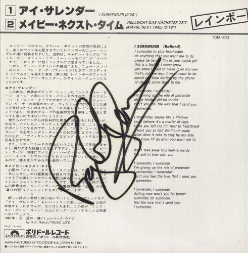 Rainbow I Surrender - Autographed 7" vinyl single (7 inch record / 45) Japanese RBO07IS744850
