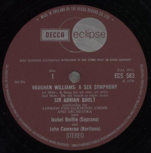 Ralph Vaughan Williams A Sea Symphony vinyl LP album (LP record) UK VB7LPAS664807