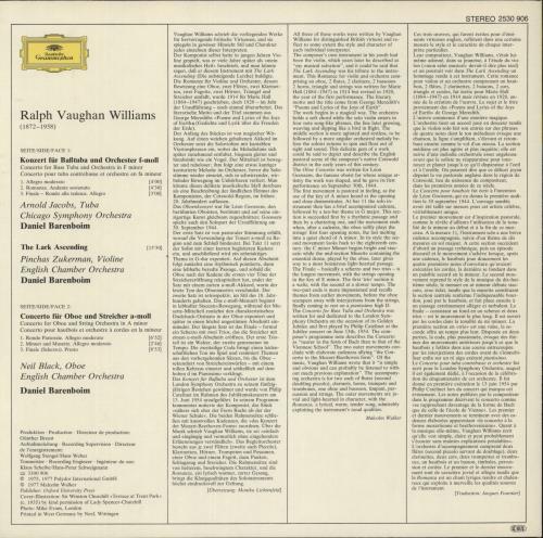 Ralph Vaughan Williams Concerto For Oboe / Concerto For Tuba / The Lark Ascending vinyl LP album (LP record) German VB7LPCO878250
