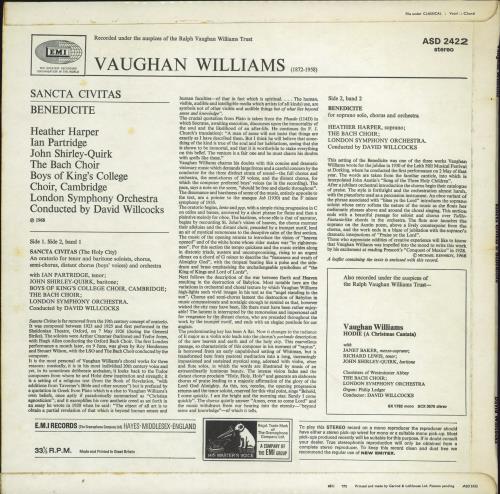 Ralph Vaughan Williams Sancta Civitas / Benedicite vinyl LP album (LP record) UK VB7LPSA771746