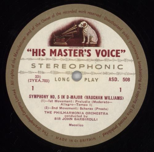 Ralph Vaughan Williams Symphony No. 5 - 1st vinyl LP album (LP record) UK VB7LPSY827143