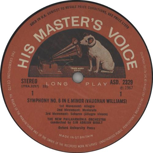 Ralph Vaughan Williams Symphony No. 6 - 1st vinyl LP album (LP record) UK VB7LPSY657921
