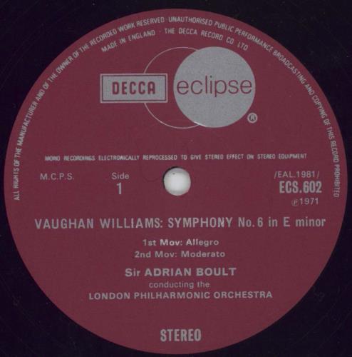 Ralph Vaughan Williams Symphony No. 6 in E Minor vinyl LP album (LP record) UK VB7LPSY660974
