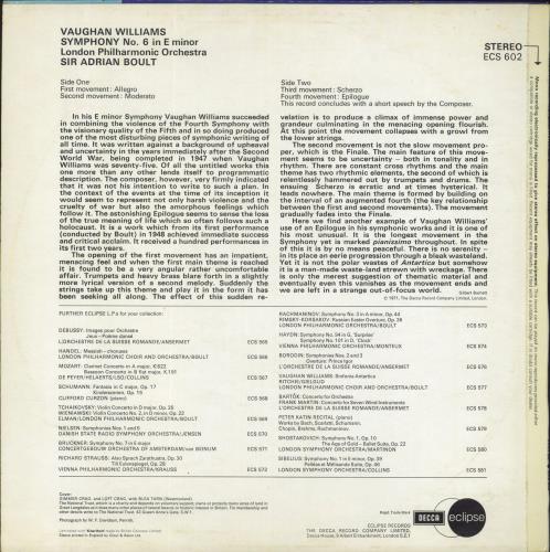 Ralph Vaughan Williams Symphony No. 6 in E Minor vinyl LP album (LP record) UK VB7LPSY660974
