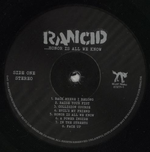 Rancid Honor Is All We Need vinyl LP album (LP record) US RCDLPHO866658