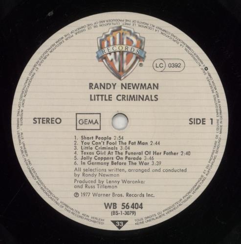 Randy Newman Little Criminals vinyl LP album (LP record) German RNMLPLI523287