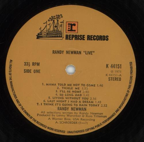 Randy Newman Live vinyl LP album (LP record) US RNMLPLI589211