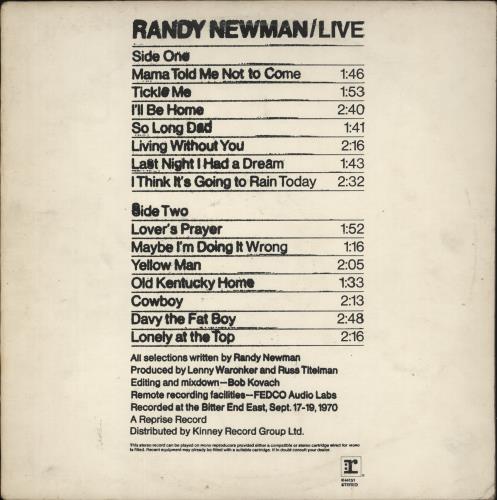 Randy Newman Live vinyl LP album (LP record) US RNMLPLI589211