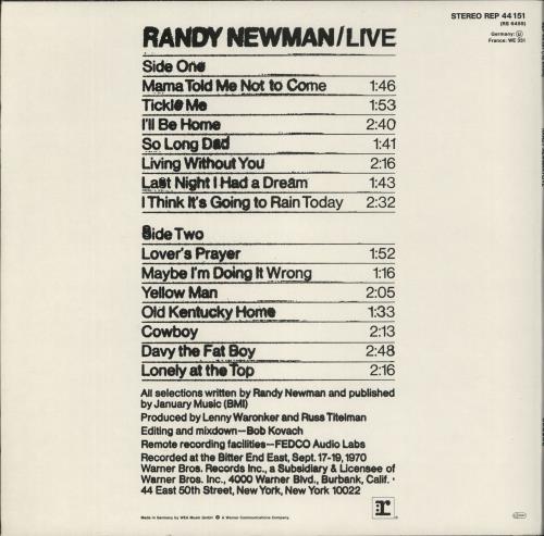 Randy Newman Live vinyl LP album (LP record) German RNMLPLI863886