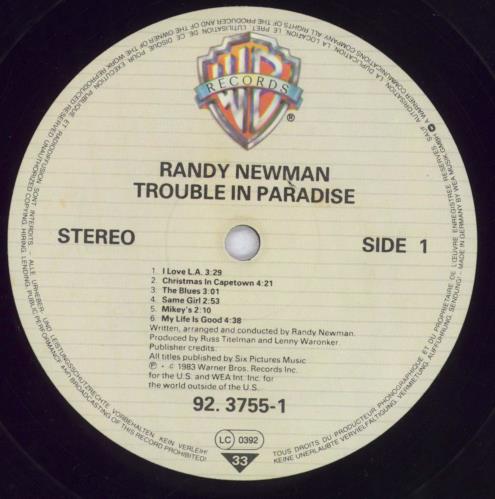 Randy Newman Trouble In Paradise vinyl LP album (LP record) German RNMLPTR830574