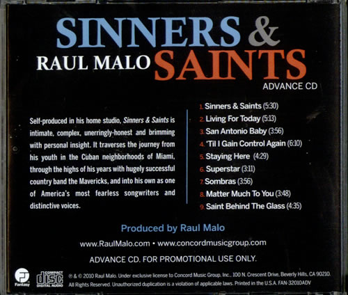 Raul Malo Sinners & Saints CD single (CD5 / 5") US RGXC5SI529663