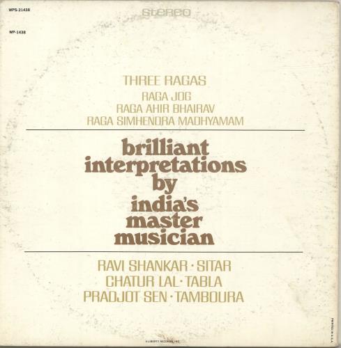 Ravi Shankar Three Ragas vinyl LP album (LP record) US RVKLPTH695407