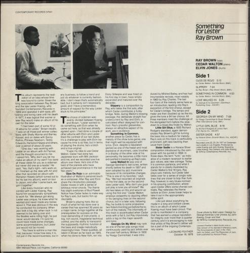 Ray Brown Something For Lester vinyl LP album (LP record) US OWNLPSO878498