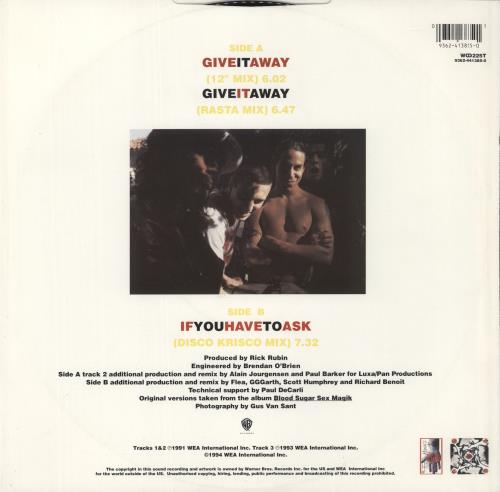 Red Hot Chili Peppers Give It Away 12" vinyl single (12 inch record / Maxi-single) UK RHC12GI653152