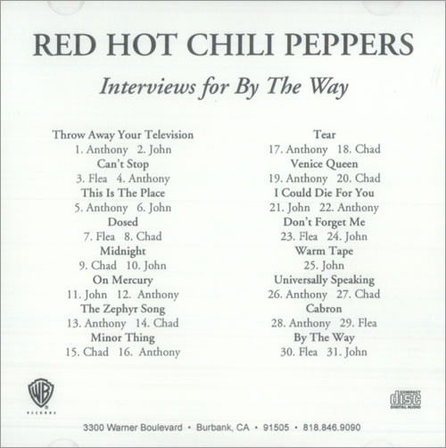 Red Hot Chili Peppers Interviews For By The Way CD-R acetate US RHCCRIN519196