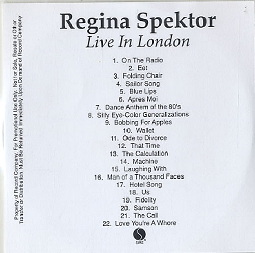 Regina Spektor Live In London CD-R acetate US RGKCRLI627002