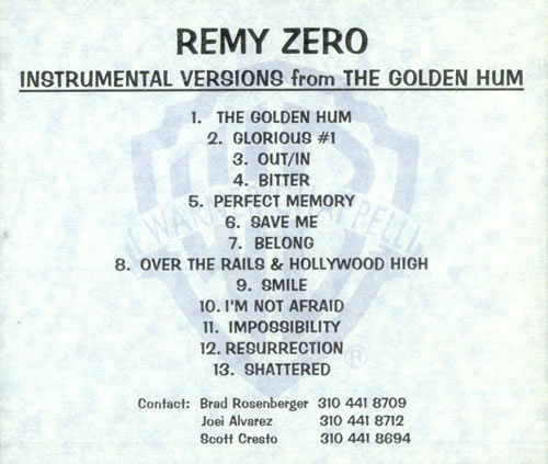 Remy Zero Instrumental Versions From 'The Golden Hum' CD-R acetate US RMYCRIN252692
