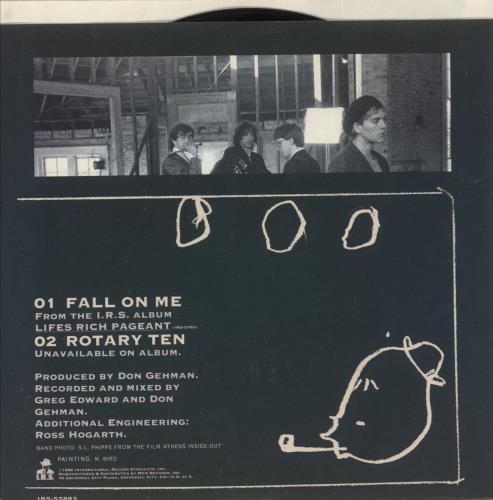 REM Fall On Me - Sample Stickered 7" vinyl single (7 inch record / 45) US REM07FA865144