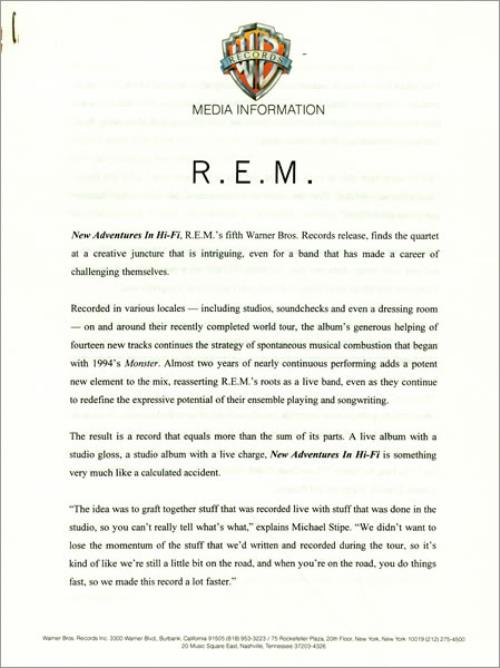 REM New Adventures In Hi-fi media press pack US REMPPNE76084