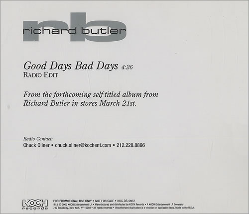 Richard Butler Good Days Bad Days CD single (CD5 / 5") US RD9C5GO493108