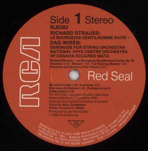 Richard Strauss Le Bourgeois Gentilhomme Suite / Serenade For String Orchestra vinyl LP album (LP record) German RG6LPLE874998