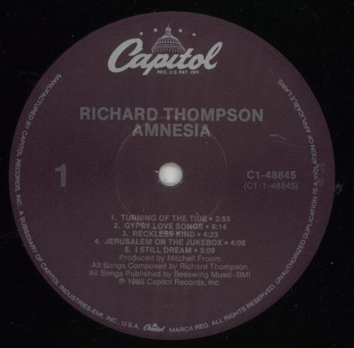Richard Thompson Amnesia vinyl LP album (LP record) US RTHLPAM873619